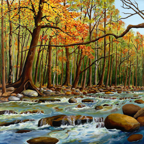Trees and River in Fall Painting by Jill Saur