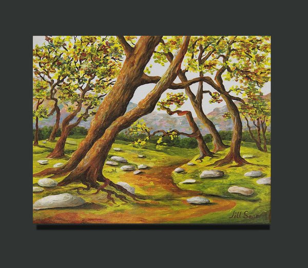 Tree landscape painting with path by Jill Saur