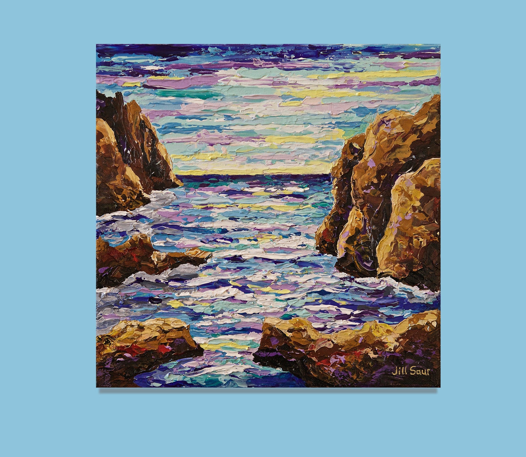 油絵　絵画「群れ」「はまごいわし」　SEA FANTASY 　 F8 Rocky Seascape 12x12 Acrylic – Jill Saur Fine Art